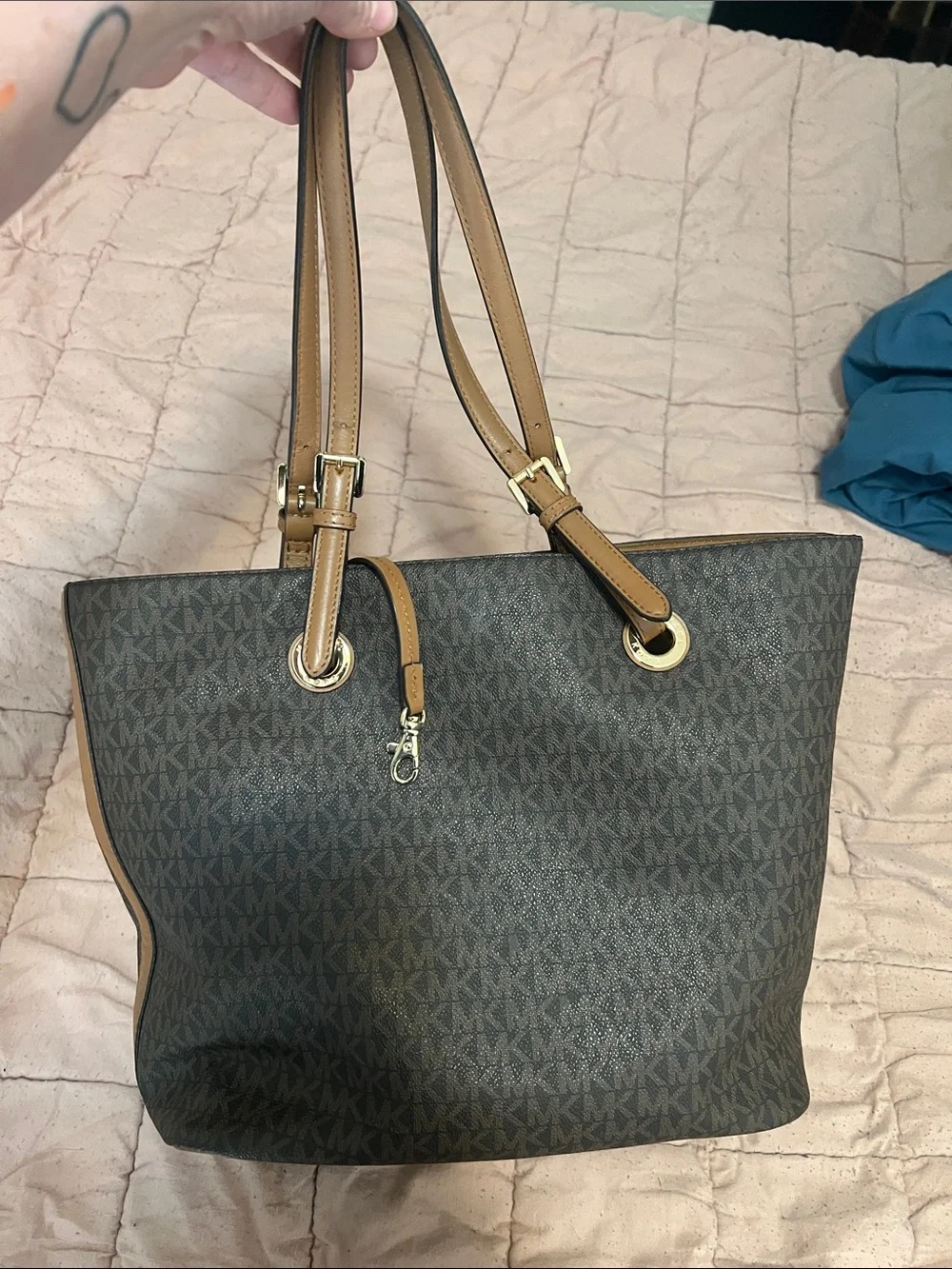 Michael Kors Brown Monogram Tote with Tan Leather Handles